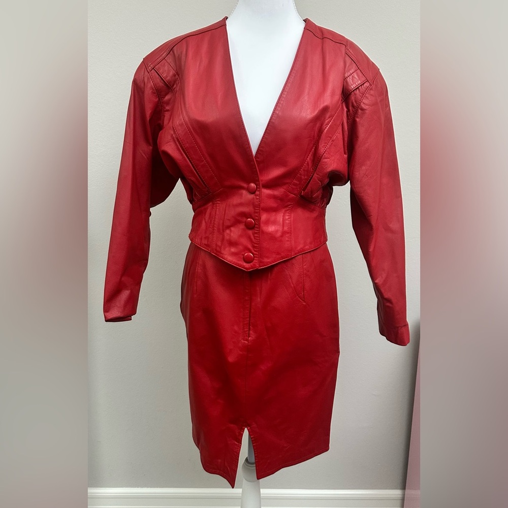 Vintage Red Leather Jacket and Skirt Set
